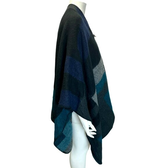 Calvin Klein Ruana Geometric Poncho Vintage Black Blue Gray One Size - Picture 2 of 7